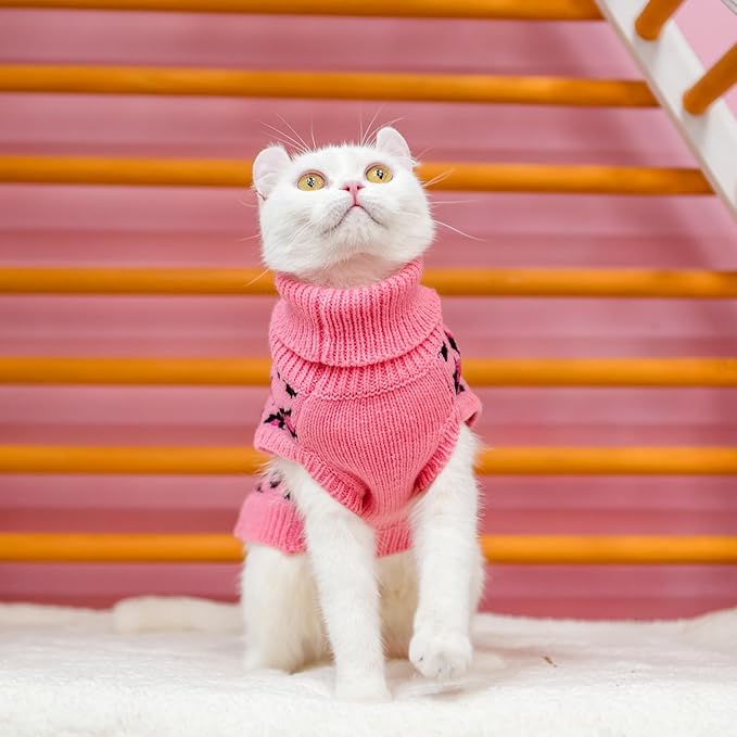 Mihachi Winter Warm Cat Sweater Turtleneck Puppy Pets Sweater Knit Vest Fashion Leopard for Cats Puppy Small Animals Pink Medium