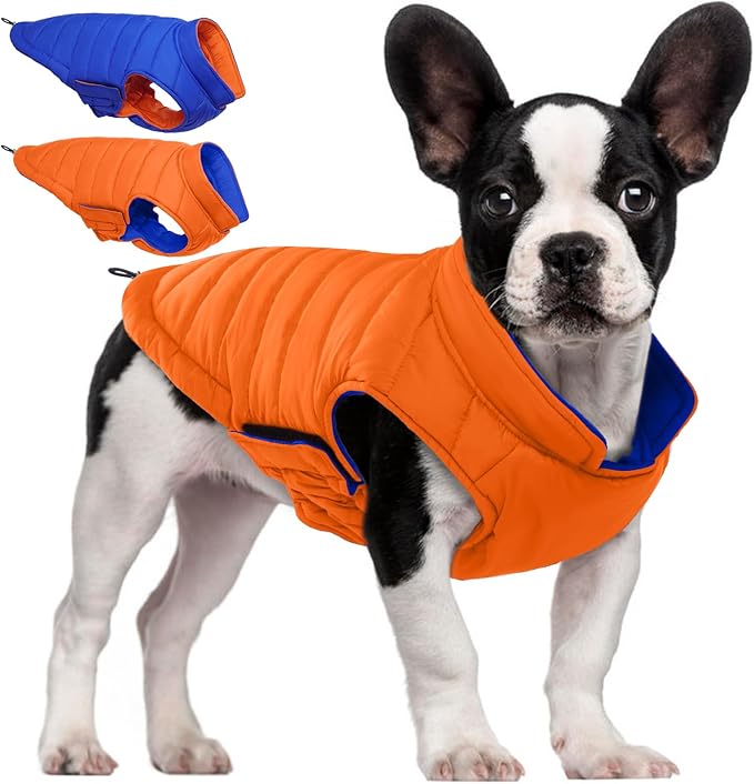 QBLEEV Reversible Dog Coat for Medium Dogs, Waterproof Windproof Winter Jacket Keeps Dogs Warm in Snow, Adjustable Hook & Loop Lightweight Dog Puffer Vest, Orange, L – Fits French Bulldog