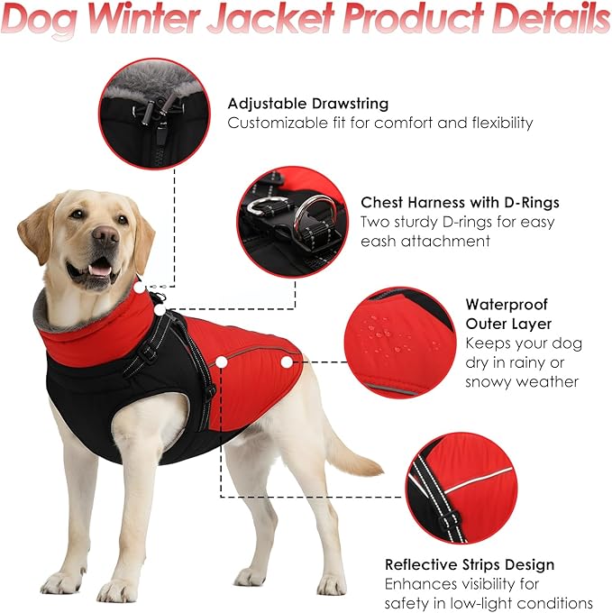 ASENKU Reflective Dog Coat with Built-in Harness, Windproof Fleece-Lined Dog Jacket for Small, Medium, Large Dogs, Warm Winter Vest with Turtleneck & Zipper (Red M)