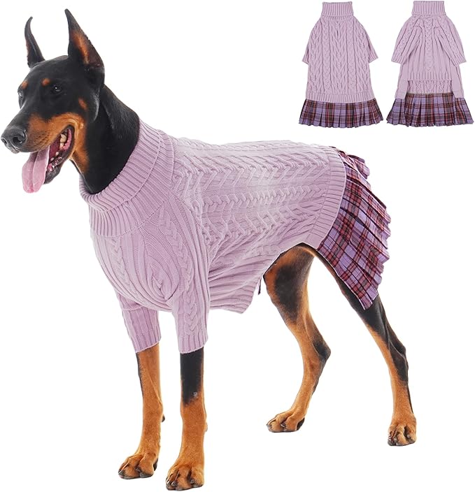 IECOii Girl XXL Dog Sweater Dress, Cozy Cable Knit Dog Sweater for Large Dogs Girl, Purple,XXLarge, 2XL Pet Pullover Knitted Dress for Winter, Turleneck with Sleeve, Warm Sweaters for Female Pitbull
