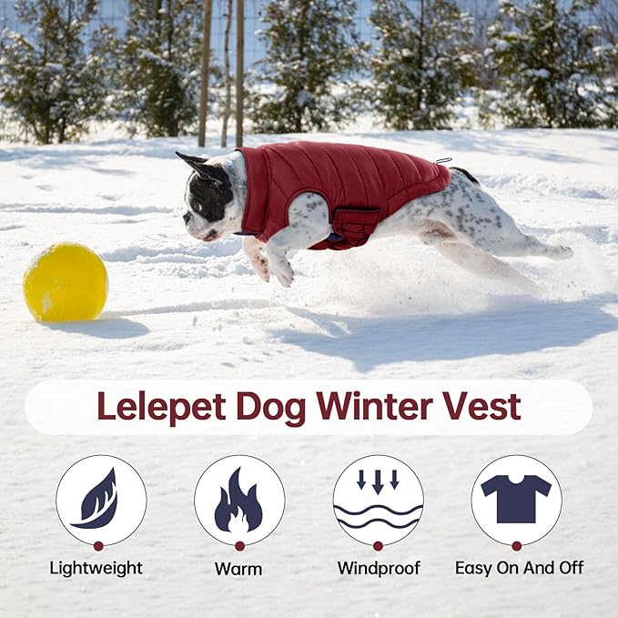 Lelepet Reversible Dog Coat Waterproof Dog Jacket Windproof Puffer Vest for Winter Warm Lightweight Coats for Medium Dogs Adjustbale Hook & Loop Pet Apparel with Leash Hole, French Bulldog, Wine Red L