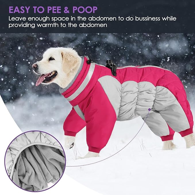 SUNFURA Full Body Dog Coat - Warm Fleece Jacket for Large Dogs, Turtleneck Winter Coats with Harness, Reflective Dog Snowsuit Windproof Puffer Jackets with Legs for French Bulldog, Hot Pink L