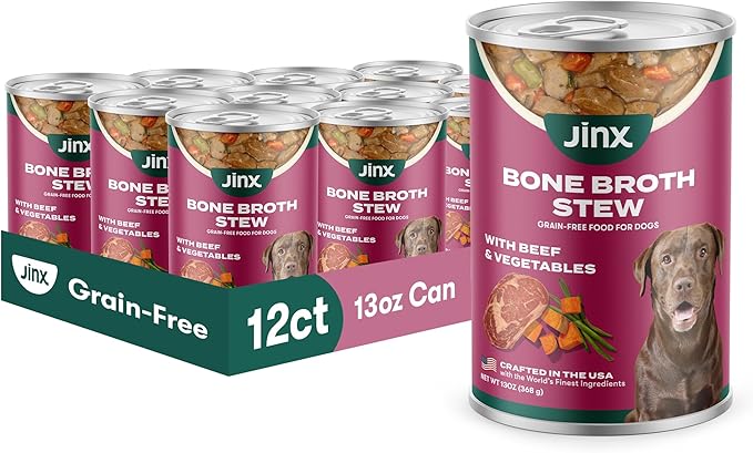 Jinx Bone Broth Stew for Dogs - Beef & Vegetables Recipe - Grain-Free Wet Dog Food & Topper for Picky Eaters - Promotes Lean Muscle Growth, A Healthy Coat & Improved Digestion - 13 Oz, 12 Pack