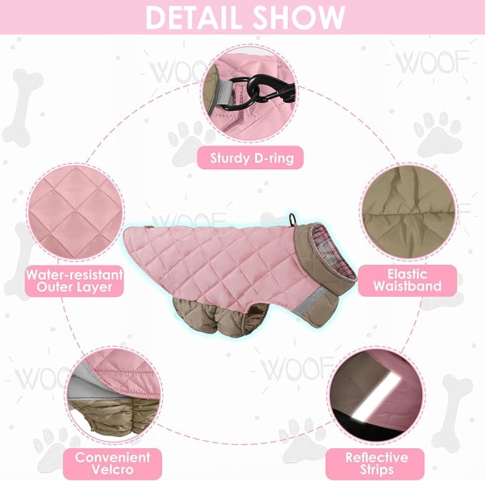 Quilted Dog Winter Coat, Plaid Lined Reversible Vest, Reflective Safety Strip, Cold Weather Pet Apparel Pink M