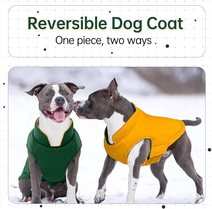 Lelepet Reversible Dog Coat Waterproof Dog Jacket Windproof Puffer Vest for Winter Warm Lightweight Coats for Medium Dogs Adjustbale Hook & Loop Pet Apparel with Leash Hole, French Bulldog, Green L