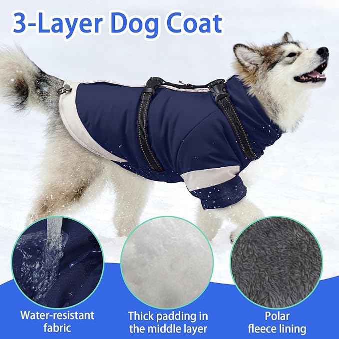 MIGOHI Dog Coat with Harness Built in, 2-in-1 Windproof Dog Winter Coat, Thermal Reflective Jacket with Back Zipper for Large Dogs Cold Weather, Labrador Retriever, Navy Blue, 2XL