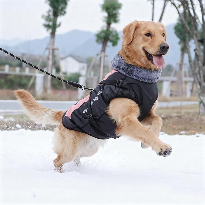 Dog Coat for Medium Large Dogs,Waterproof Reflective Dog Winter Jacket with Harness, Fleece Snowsuit,Warm Pet Winter Coat(pink-2XL)