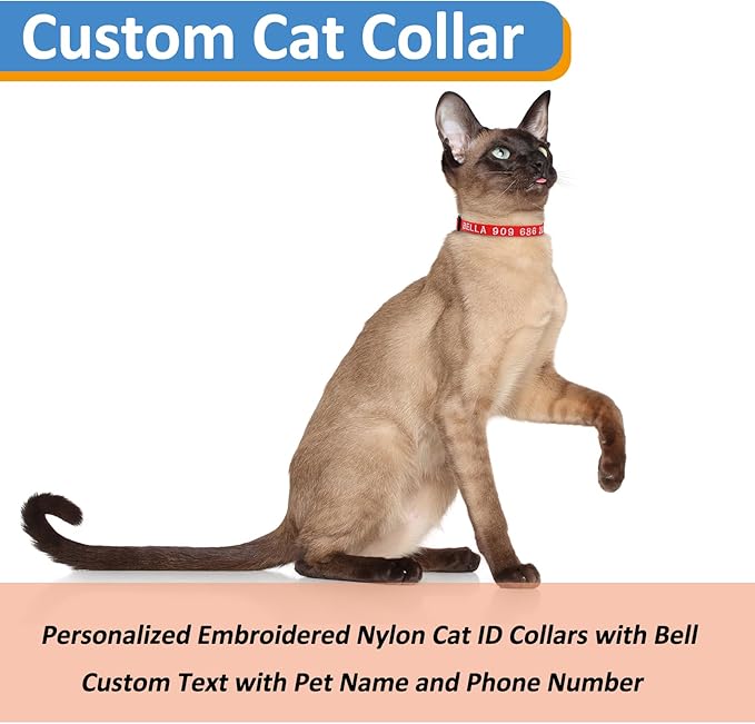 Personalized Cat Collars, Embroidered with Pet Name and Phone Number, Adjustable Nylon Breakaway Safety Release Buckle ID Collar,Custom Text with Bell for Cat or Kitten,Grass Green