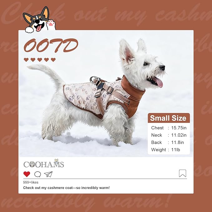 Dog Winter Coat for Small & Medium Dogs (Up to 32lb), Waterproof Dog Coat with Harness, Puppies Windproof Puppy Puffer Jacket, Snowsuit for Dachshund,Frenchie, Corgi (Paw Brown, 2XLarge)