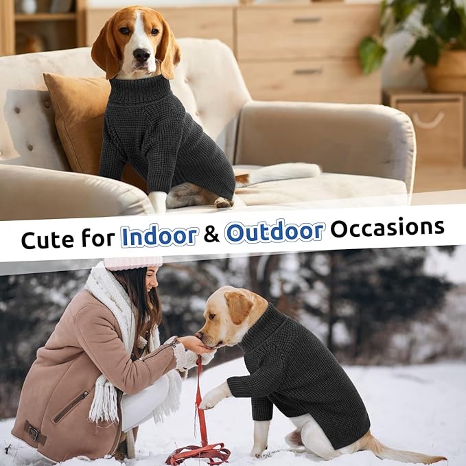 Queenmore Turtleneck Long Sleeve Knitted Sweater with Check Pattern, Warm Dog & Cat Sweater for Small to XXL, Charcoal Gray