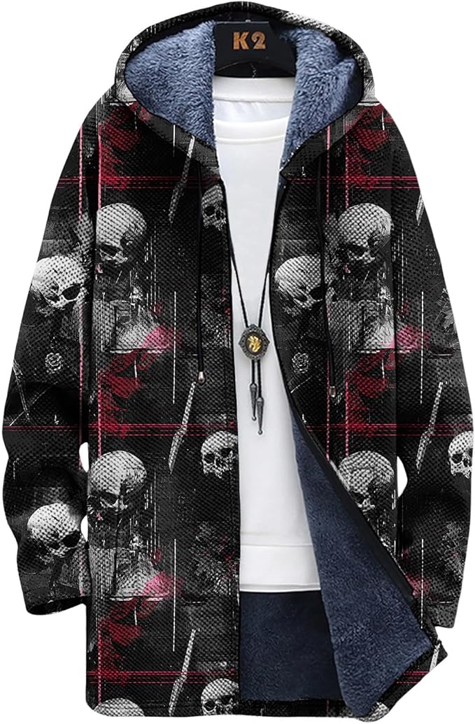 LIZALIG Long Hooded Cardigan Men Japanese Art Style Fashion Cool Graphic Coats Winter Warm Lined Fleece Jacket