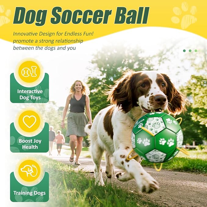 Size 3 Interactive Dog Football with Strap,Green & White, Eye-Catching Paw Design, Ideal Outdoor Training Pet Toy, Perfect Choice for Medium & Large Dogs' Playtime
