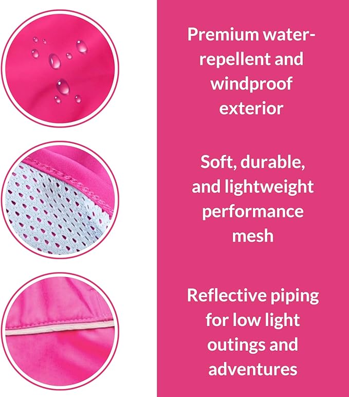 DJANGO Dog Jacket & Raincoat – Lightweight Water-Resistant Coat for Small, Medium & Long Dogs Like Dachshunds – Reflective, Adjustable Fit, Harness-Compatible & Easy-Access Harness Hole - Pink, Large