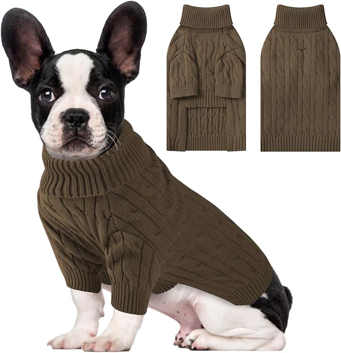 Small Dog Thermal Pullover Sweater, Classic Turtleneck Cable Knitwear Dog Clothes for Cold Weather Warm Pet Clothes for Chihuahua, Bulldog, Dachshund, Pug Tan Small