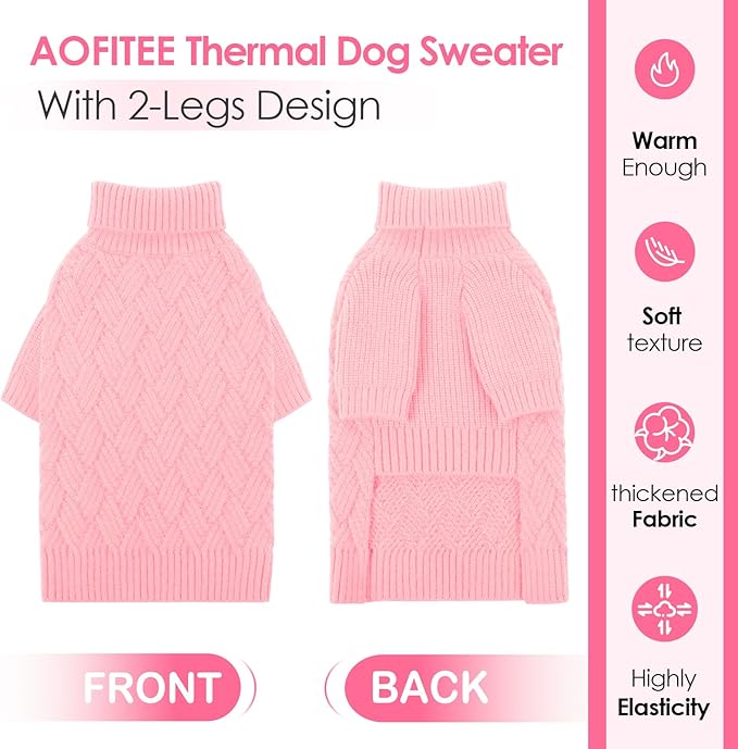 AOFITEE Dog Sweater, Turtleneck Dog Sweaters for Small Dogs Female, Dogs Winter Sweaters Girl Boy, Small Pet Christmas Sweater, Classic Cable Holiday Knitwear for Pug Dachshund (Pink, S)