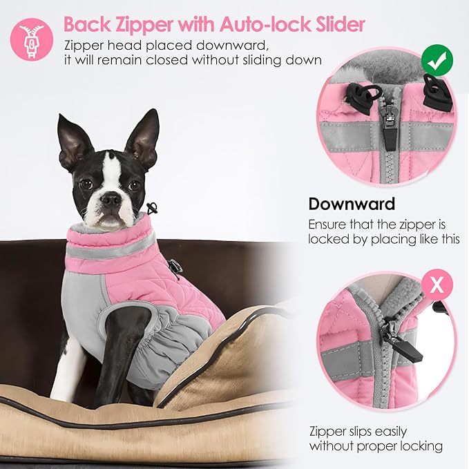 AOFITEE Dog Coat, Warm Dog Winter Coat, Reflective Turtleneck Large Dogs Jacket with Harness Built in, Turtleneck Pet Winter Jacket, Waterproof Pet Snow Jackets Fleece Vest, Pink XL