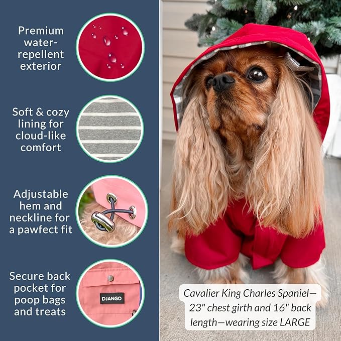 DJANGO Highland Dog Jacket & Raincoat – Water-Repellent, Lined Dog Coat with Hood, Adjustable Fit & Harness Hole – Lightweight Rain & Wind Jacket for Small & Medium Dogs up to 30 lbs (Red, Medium)