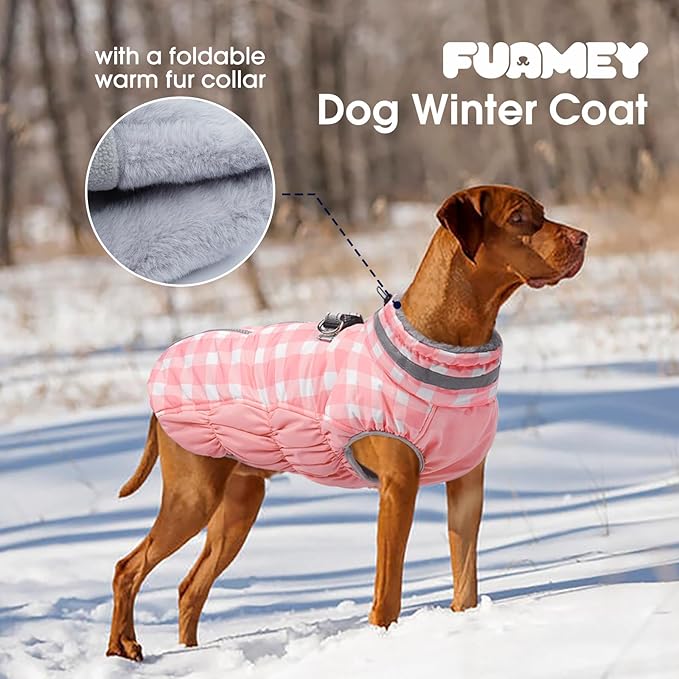 FUAMEY Dog Coat for Small Dogs,Waterproof Dog Winter Jacket with Harness Built in Puppy Cold Weather Coats Reflective Pet Vest with Zipper Warm Fleece Dogs Snowsuit Windproof Pink Plaid XS