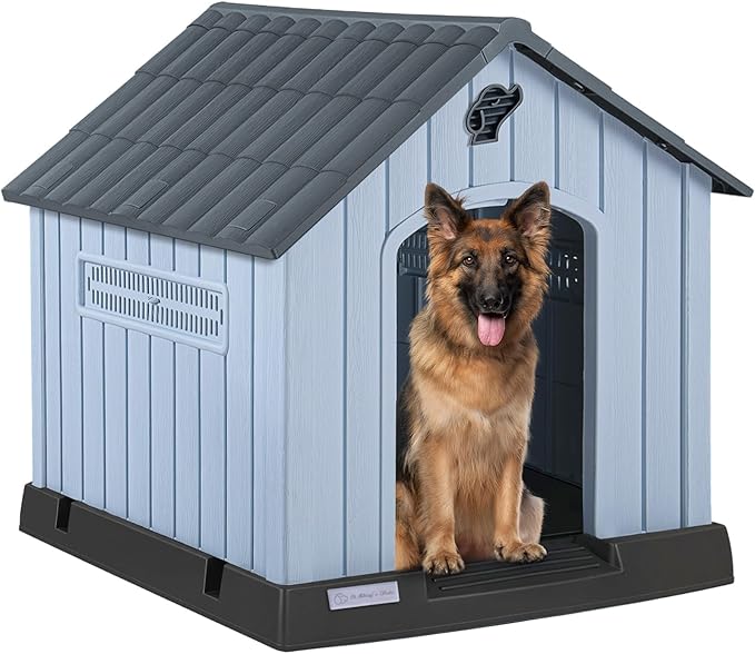 PUKAMI Large Dog House Outdoor Indoor, Plastic Dog House Weatherproof for Large Dogs, Study Puppy Shelter with Air Vents and Elevated Floor, Easy Clean and Assemble (Grey, 36.81"D x 38.7"W x 39.1"H)