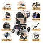 Pettingzoo Dog stroller with 4 Wheels, Folding Cat Stroller for Small/Medium/Large dogs & cats to 60 lbs, pet stroller with removable carrier, Storage BasketCup Holder,3 in1 Multifunctional Detachable