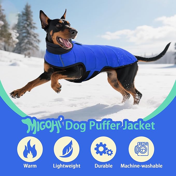 MIGOHI Lightweight Dog Coat, Windproof Dog Jacket, Puffer Jacket for Large Dogs, Padded Vest with Reflective Strips, Warm Snow Vest in Cold Weather, Easy On Hook & Loop Belly, Blue, 2XL