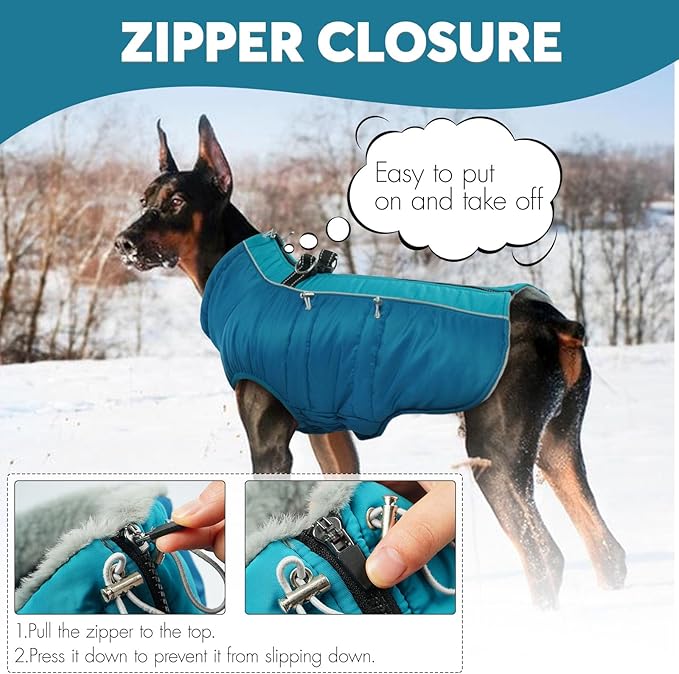 IDOMIK Warm Dog Coat with Harness, Waterproof Reflective Dog Jackets for Small Medium Large Dogs, Fleece High Collar Winter Jacket with Zipper, Pet Winter Snowsuit Clothes for Cold Weather,Blue M