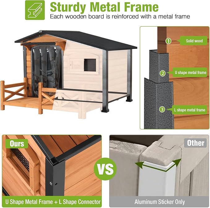 GUTINNEEN Outdoor Wooden Dog House with Metal Frame, Porch and Ventilation Window, Weatherproof Shelter for Small to Medium Dogs, 44.6" L x 41.1" W x 32.9" H (Brown)
