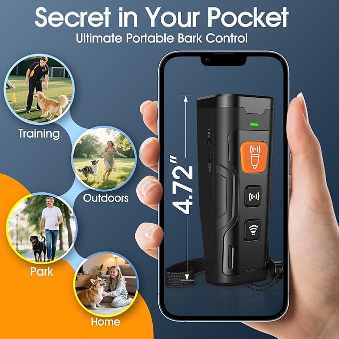 Dog Bark Deterrent Devices, Ultrasonic Anti Barking Device for Dogs, Stopping Own or Neighbor's Dog Barking,Portable Dog Training Device, Safe & Effective for Indoor & Outdoor Use, Black