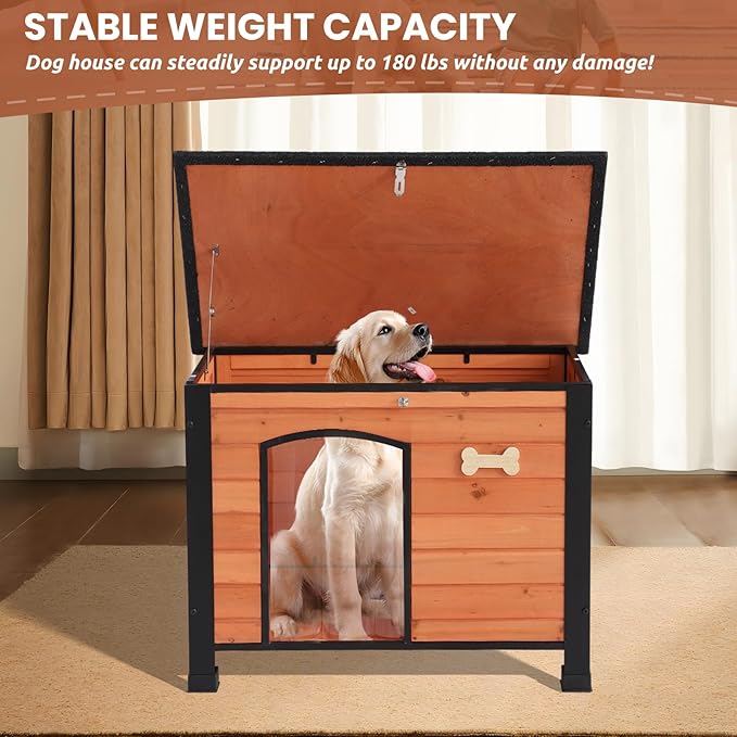 Outdoor Dog House, Small Wooden Dog House with Anti Bite Iron Frame Weatherproof Finish Outside Paw Print Dog Crate for Small and Medium Dogs,Orange