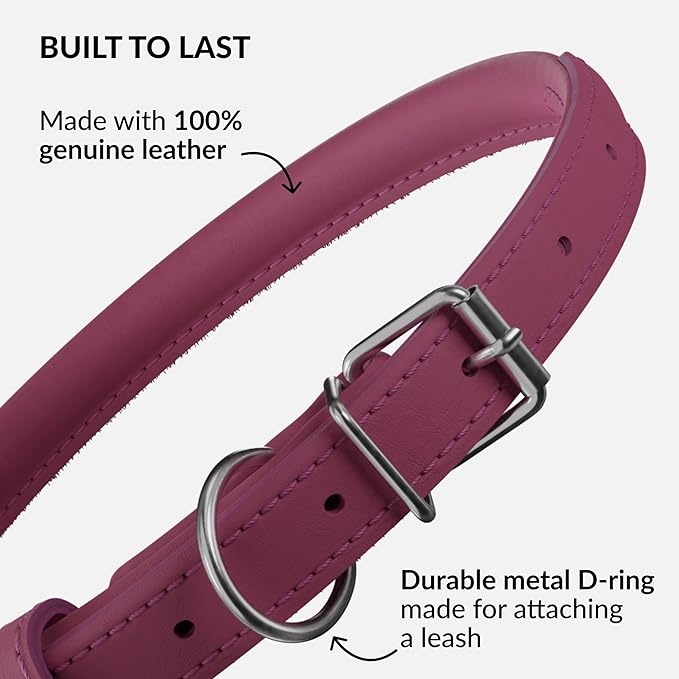 CollarDirect Rolled Leather Dog Collar, Soft Padded Round Puppy Collar, Handmade Genuine Leather Collar Dog Small Large Cat Collars 13 Colors (6-7 Inch, Pink Smooth)