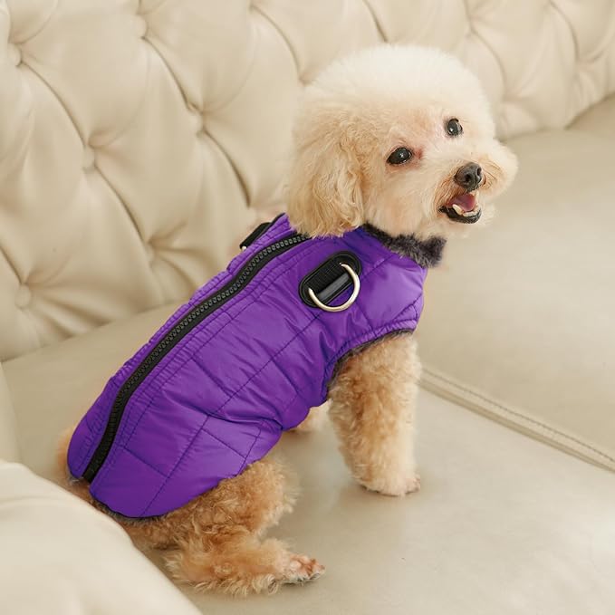 Warm Fleece Dog Coats with Durable Harness Buitl in D-Ring,Waterproof Doggie Jacket for Large Dogs,Dog Vest for Cold Winter,Purple XXL