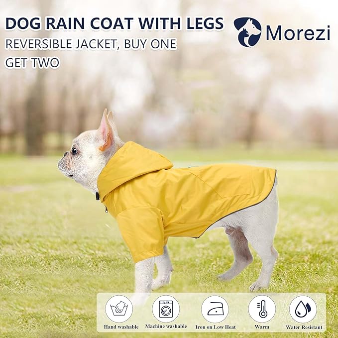 Dog Raincoat Dogs Waterproof Reversible rain Jacket Dog Small Medium Breeds Reflective Zipper Storage Pocket Harness Hole - Yellow - M