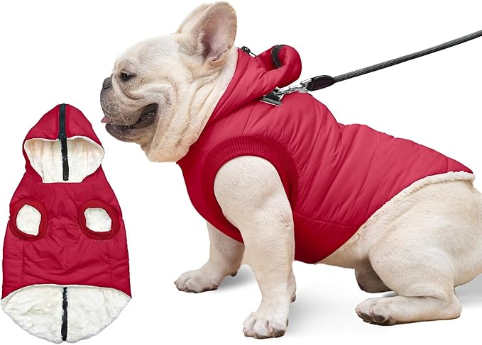 Fleece Lining Dog Hoodie with Harness Built in,Extra Warm Medium Dog Jacket in Winter Doggie Coats with Hooded,Red XL