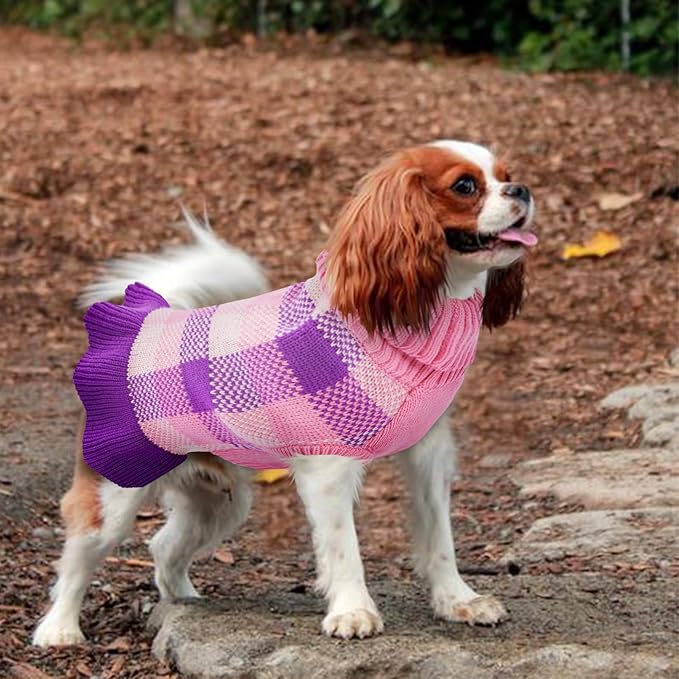 Dog Sweater Dress Plaid Knitwear for Small Medium Dogs Warm Puppy Pet Turtleneck Stretch Pullover Cute Fall Winter Vest Clothes with Leash Hole for Christmas (Purple, XL)
