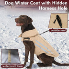 Dog Winter Coat Waterproof Dog Jacket with Harness Hole Reflective Windproof Fleece Snowsuit Turtleneck Hook & Loop Cold Weather Coats for Large Dogs Great Dane Doberman, Khaki 4XL