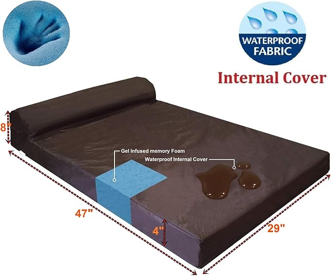 Dogbed4less Premium HeadRest Pillow Orthopedic Cool Memory Foam Dog Bed for Large Dogs, Waterproof Lining with Washable Suede Khaki Cover, Extra Large 47X29 Inches