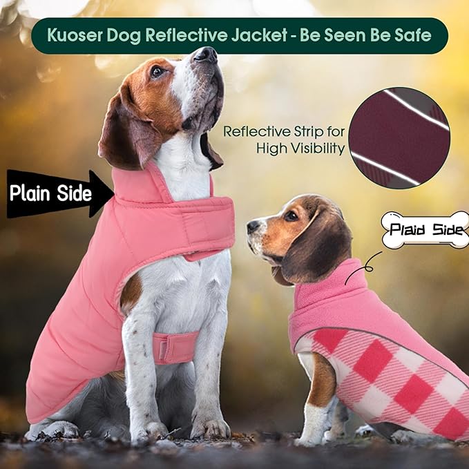 Kuoser Dog Winter Coat, Reversible Waterproof Dog Jacket with Leash Hole, Warm Dogs Fleece Vest Adjustable Doggy Cold Weather Clothes Plaid Christmas Outfit Pet Apparel for Extra Large Dogs, Pink 3XL