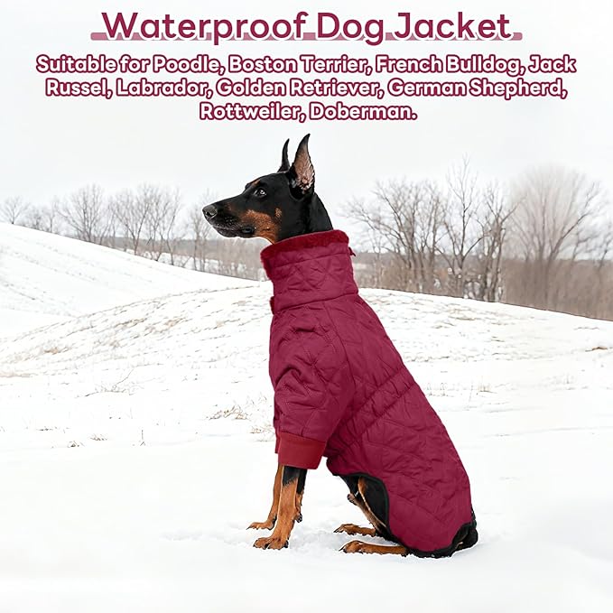 IDOMIK Dog Winter Coat for Large Dogs, Warm Dog Winter Jacket with Fleece High Collar, Zippered Cold Weather Coats for Dogs, Waterproof Doggy Snow Jacket Clothes,WineRed,3XL