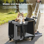 Pecute Cat Carrier with Wheels,Steel Wire Frame Cat Carrier, Stable Pet Trolley Bag for Cats, Pet Handbag and Stroller Bag, Portable Cat Carrier Bag for Car Travel Bus Subway, L, Grey