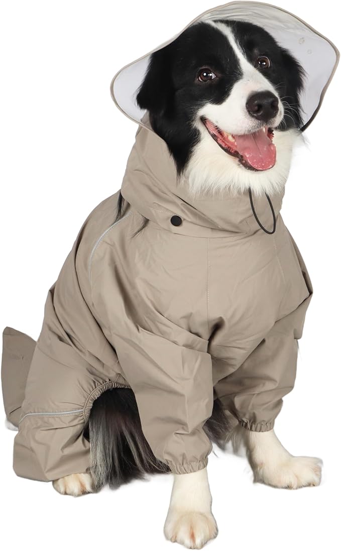 Dog Raincoat for Medium Large Dogs,rain Jacket Coat, Full Leg Coverage Waterproof Rain Suit with Detachable Hood & Tail, Reflective Strips, Snag-Free Top Zipper (Khaki for Girl, Medium)