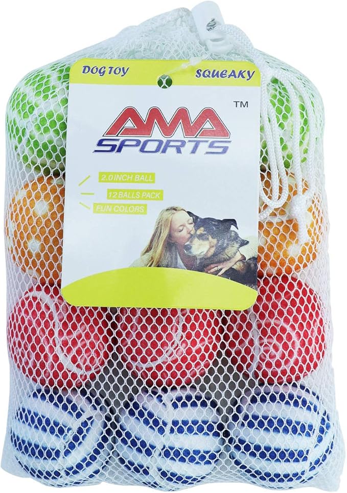 AMA SPORT Squeaky Tennis Balls for Dogs 12 Pack 2.0" Squeaky Tennis Balls for New Puppy Small Dog Toys for Fetch, Exercise, Outdoor Play