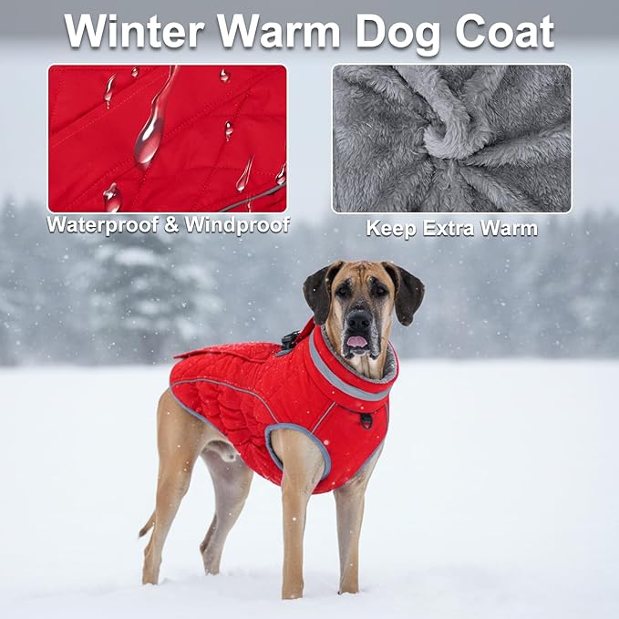 Dog Coat, Warm Dog Winter Coat for Medium Dogs, Waterproof Jacket with Harness Built in, Reflective Turtleneck Cold Weather Coats with Zipper,Pet Fleece Vest Snow Jacket, Red M