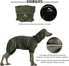 Dog Lightweight Windbreaker, Dog Outdoor 4-Legs Jacket, 0.5 lbs,Durable Water Repellent, Hooded, Easy on/Off with Collar and Harness, Reflective, Packable,Dark Olive (Large)