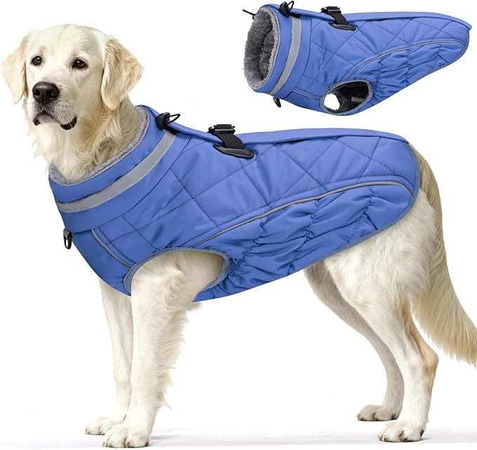 Dog Coat, Warm Dog Winter Coat for Large Dogs, Waterproof Jacket with Harness Built in, Reflective Turtleneck Cold Weather Coats with Zipper,Pet Fleece Vest Snow Jacket, Blue XL