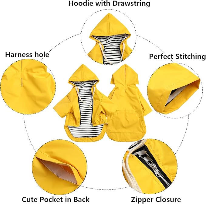 Dog Raincoat rain Jacket Raincoat Dogs Waterproof Small Medium Breeds Zip Closure Storage Pocket Harness Hole Yellow XS