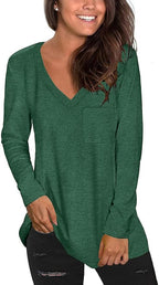 Tobrief Women's Long Sleeve V-Neck Shirts Fall Graphic Tees Loose Casual T-Shirt