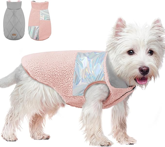 EMUST Small Dog Coat, Reversible Winter Jacket Coats for Small Dogs, Fuzzy Pet Apparel Vest for Small Medium Dogs, Pink, S