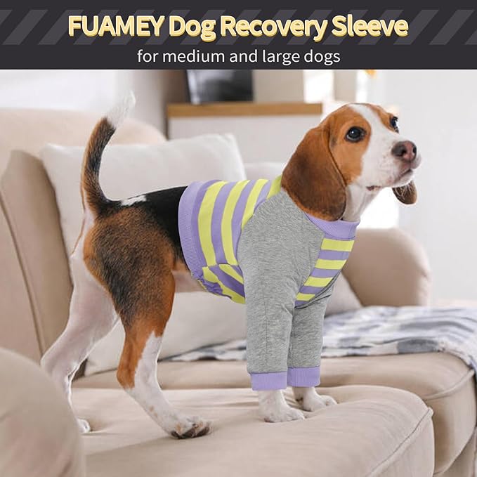 FUAMEY Dog Recovery Sleeve with Elbow Protector,Dogs Shirt Stop Licking Joints,Pet Long Sleeve Suit Protecting Dog's Front Leg Arm Wounds Cover Skin Conditions Purple Stripes S
