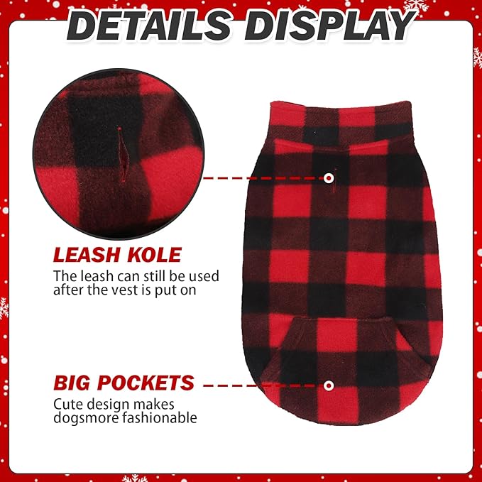 KOOLTAIL Small Dog Winter Jacket, Vest Sweater with Pocket, Leash Hole, Windproof, Red Plaid