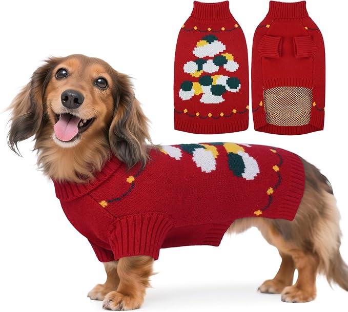 BRKURLEG Christmas Dog Sweaters for Cold Weather, Warm Turtleneck Sweaters for Small Dogs, Xmas New Year Pet Pullover Knitted Sweatshirt Outfit for Cats, Chihuahua,Yorkie (Red, XS)